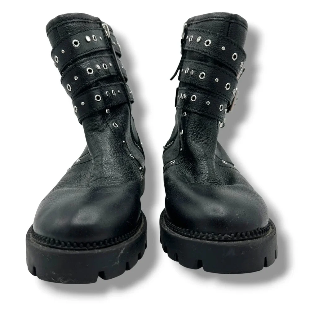 Kids Black Combat Boots Studded Grommet Buckle Straps Lug Sole Side Zip Zara 3/